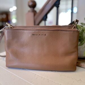 Michael Kors Brown Pebbled Leather Double Zip Crossbody Bag Tan Caramel Purse